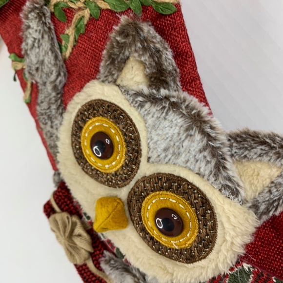OWL Rustic Christmas Holiday Stocking Sherpa Fuzzy in red green cabincore animal - Picture 3 of 16